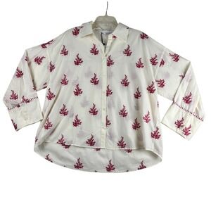 Zara Shirt Womens XL Embroidered Oversized Button Down Cream Red Floral